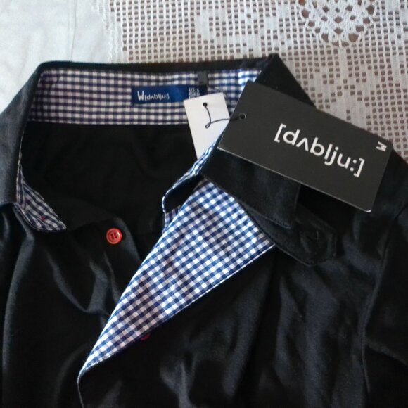 W[d^blju:], men's black button-up long sleeve shirt with blue/white plaid design - Picture 9 of 9
